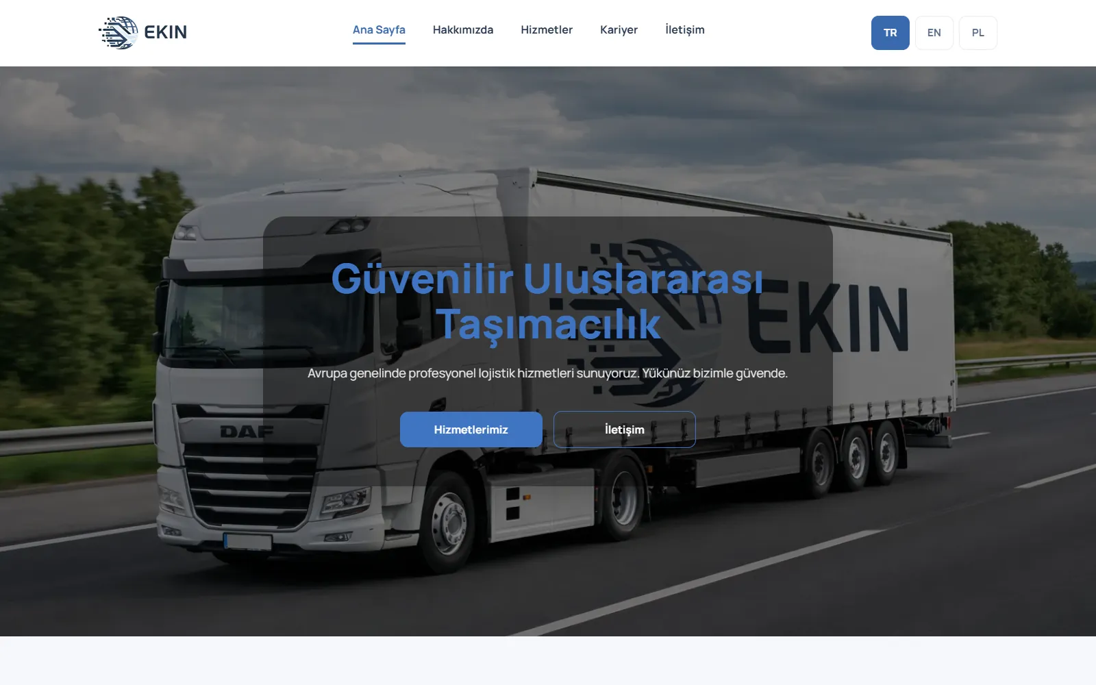 Ekin Transport web sitesinin masaüstü ana sayfa görünümü