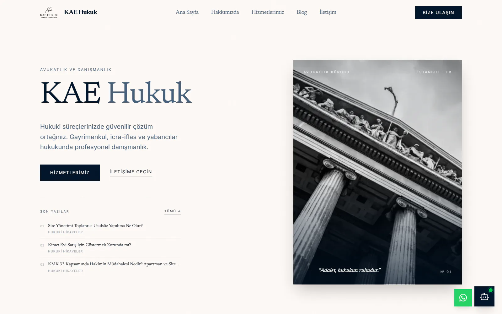 KAE Hukuk web sitesinin masaüstü ana sayfa görünümü