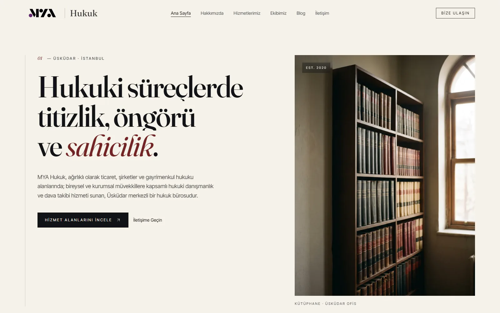 MYA Hukuk web sitesinin masaüstü ana sayfa görünümü